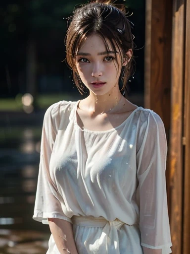 (slender:1.1)、18 year old cute Japan girl、Beautiful and handsome woman、((Highest quality、8K、masterpiece:1.3))、Beautiful woman、1 female、(Big Breasts:1.3)、Bouncy dark brown short hair、Wet body、((Wet clothes:1.1))、Highly detailed face、Detailed lips、Fine particles、double eyelid、Upper body from the knee up、Emphasize cleavage、Beautiful clavicle、(((Glowing Skin:1.5、Light Skin: 1.5、Glowing Skin、非常にGlowing Skin)))、Detailed body、(Delicate face)、(Transparent clothes)