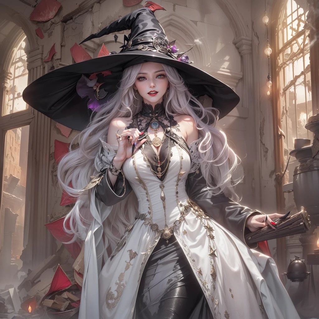 In a fantasy fairytale world,A chicly dressed witch appears like a fairy。She wears a gorgeous black cloak,Wear a golden guardian veil that grabs magic,Holding a magic staff that was as good as a orchid,Glamorously wander the line between fantasy and reality。