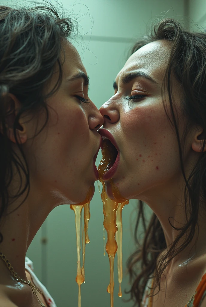 (((two heads)), conjoined:1.4) chubby, fat stomach, visible curves, pale skin, (long brown hair),ultra detailed, , beautiful face, no facial hair, giant breasts, (droopy breasts, attractive body:1.2), (long black hair), ultra-detailed face, dripping gooey, large droopy breasts, ,full body, (sweaty, sweating, wet body:1.2), ultra-detailed face, detailed lips, thick lips, tan skin, dark skin, naked, dimly lit, in a dark room ,bimbo, conjoined, scared, screaming, open mouth, turning to slime, translucent skin,covered in slime, soaking, drenched in water, yellow skin, skin see through, , melting clothes, melting
