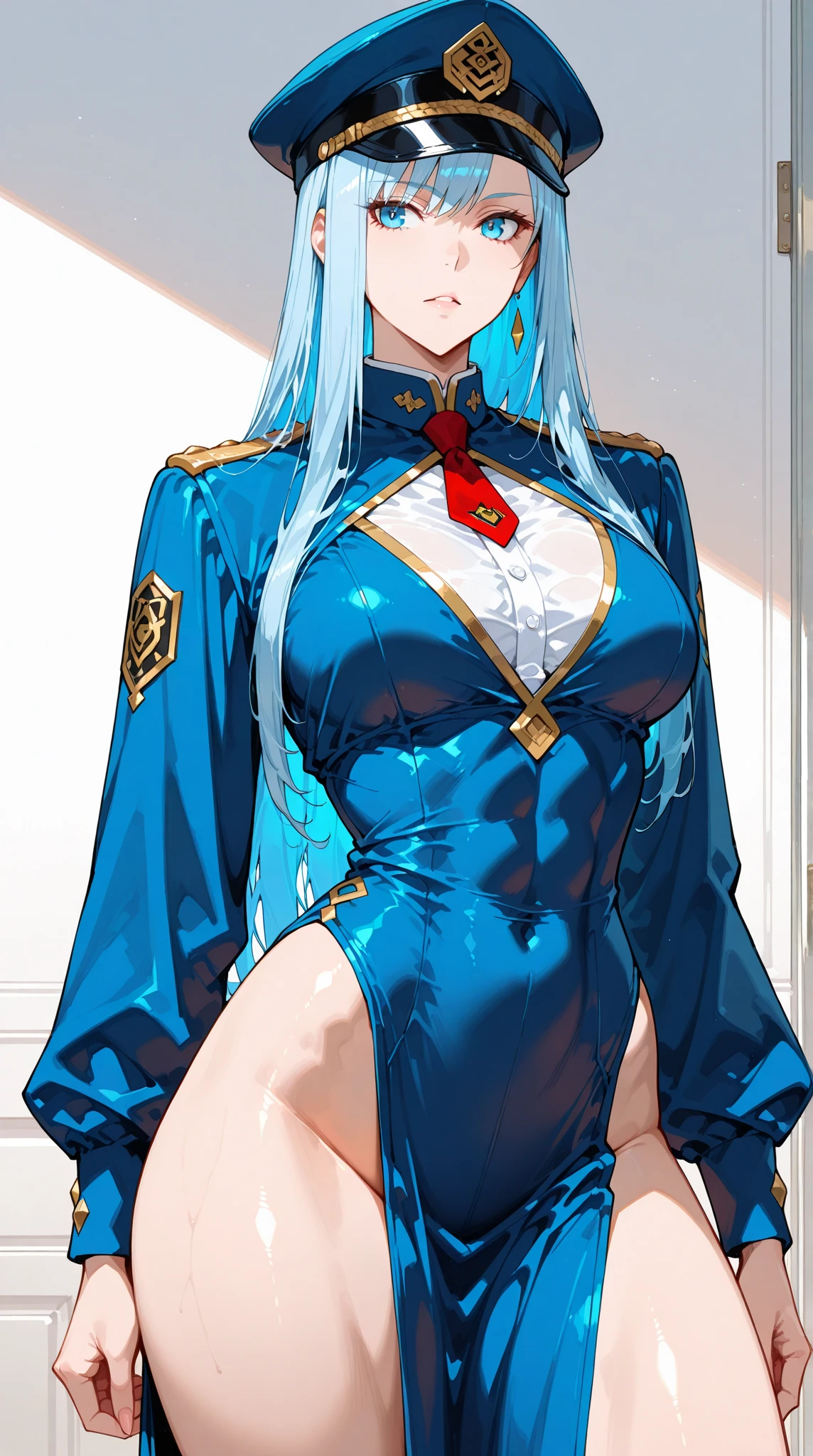 (((high quality))),(((masterpiece))),(((highly detailed))),((illustration style)),
(((one women))),(((yagokoro eirin))),(touhou),(((blue eyes))),(((long hair, light blue hair))),(((braid,single braid,bangs))),(((nurse cap,blue hat))),(((white leather jacket))),(((blue full bodysuit))),((latex)), (shiny clothes:1.2),(((grin))),(((huge breasts))),(((full body))),(((arm behind head))),(((model posing))),((((simple white background))),(((Side angle)))