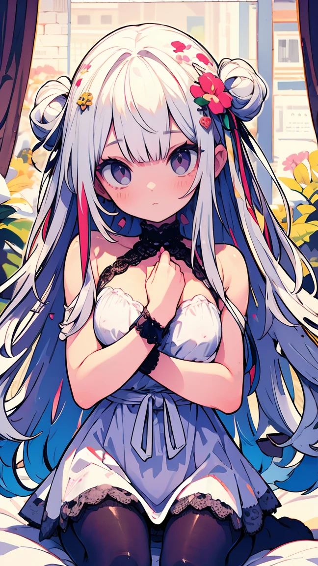 One girl, Solo, ((Colossal tits: 1.4)), (Naked: 1.4), ((Hi-Res)), ((masuter piece)), ((Best Quality)), (Very detailed)), Large file size, fulcolor, long white hair, {{{(Dark Red heterochromia), (Dark green heterochromia)}}}, see-through frill