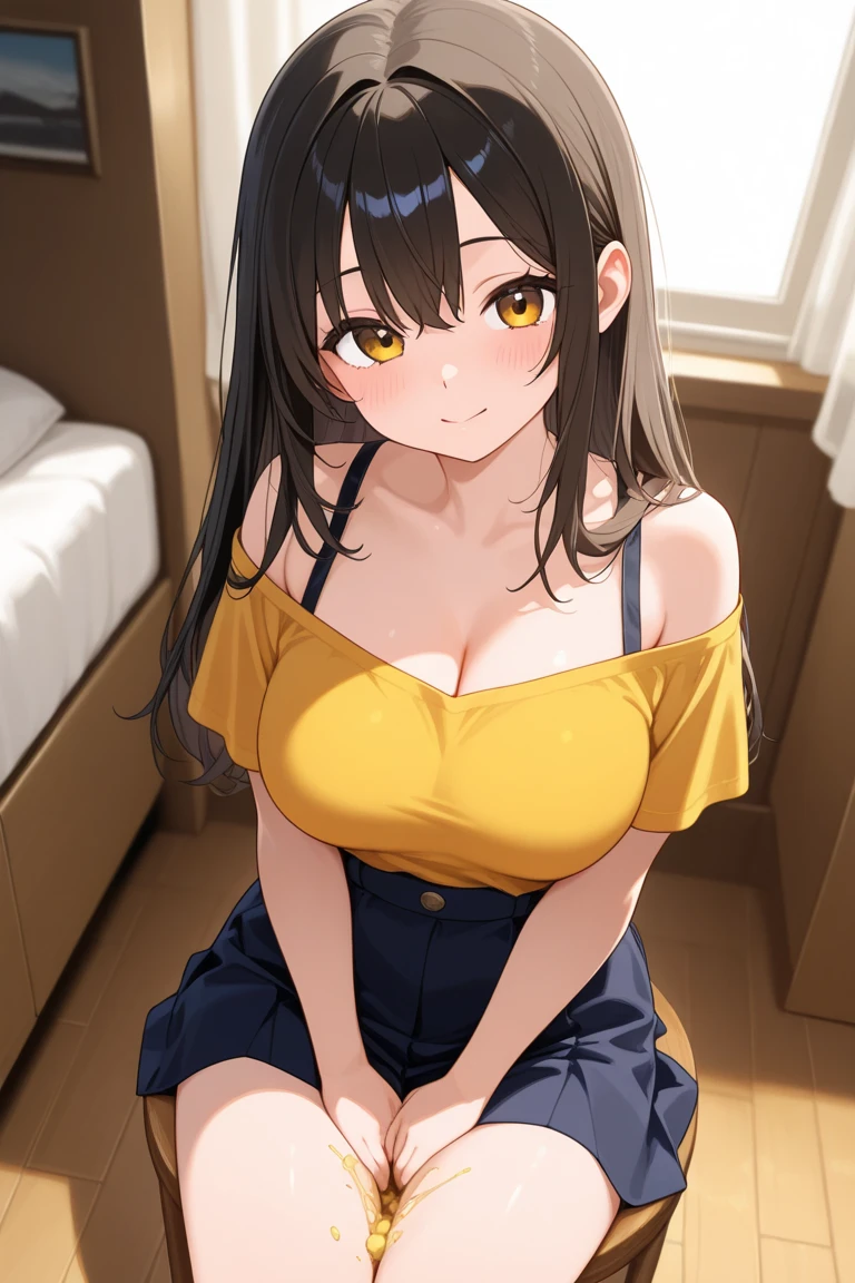 1girl,soloyuuki mikan,yellow tank top, miniskirt, smile,, (best quality:1.3),1girl,my room,camisole,miniskirt,,nsfw,cowboy shot