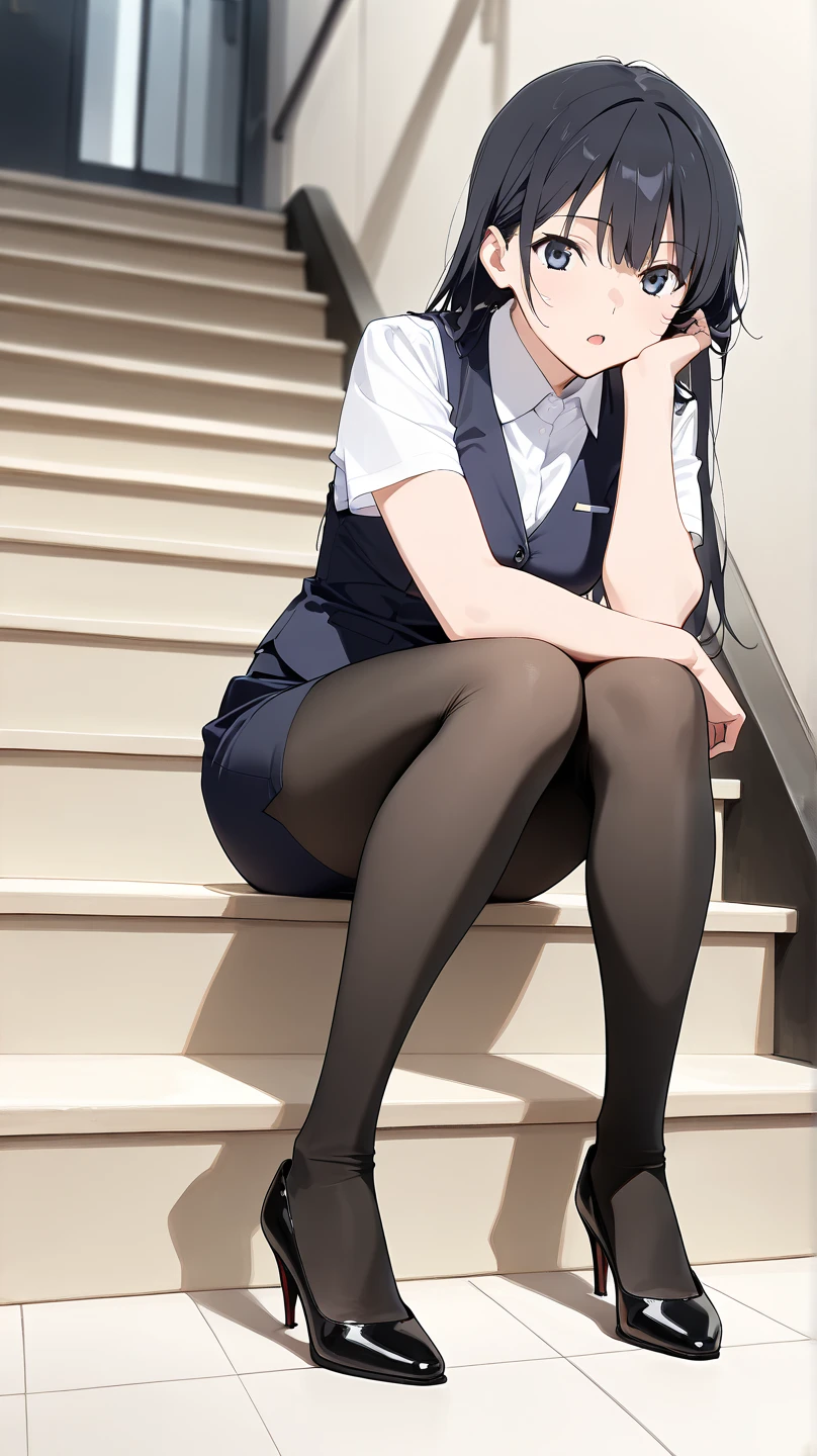 (masterpiece, best quality: 1.1), (ultra highres, ultra-detailed: 1.2) ,japanese school girl shows the soles of her feet to the viewer,(yo,cute,detailed face,(navy hair-color,wavy-short hair),parallel eyebrows,navy eyes with large irises,blunt bangs,small nose, fresh lips,small breasts),(80denier pantyhose),school-uniform,school white blouse,Dark blue pleated skirt,room,sitting,(fullbody), beautiful lighting,