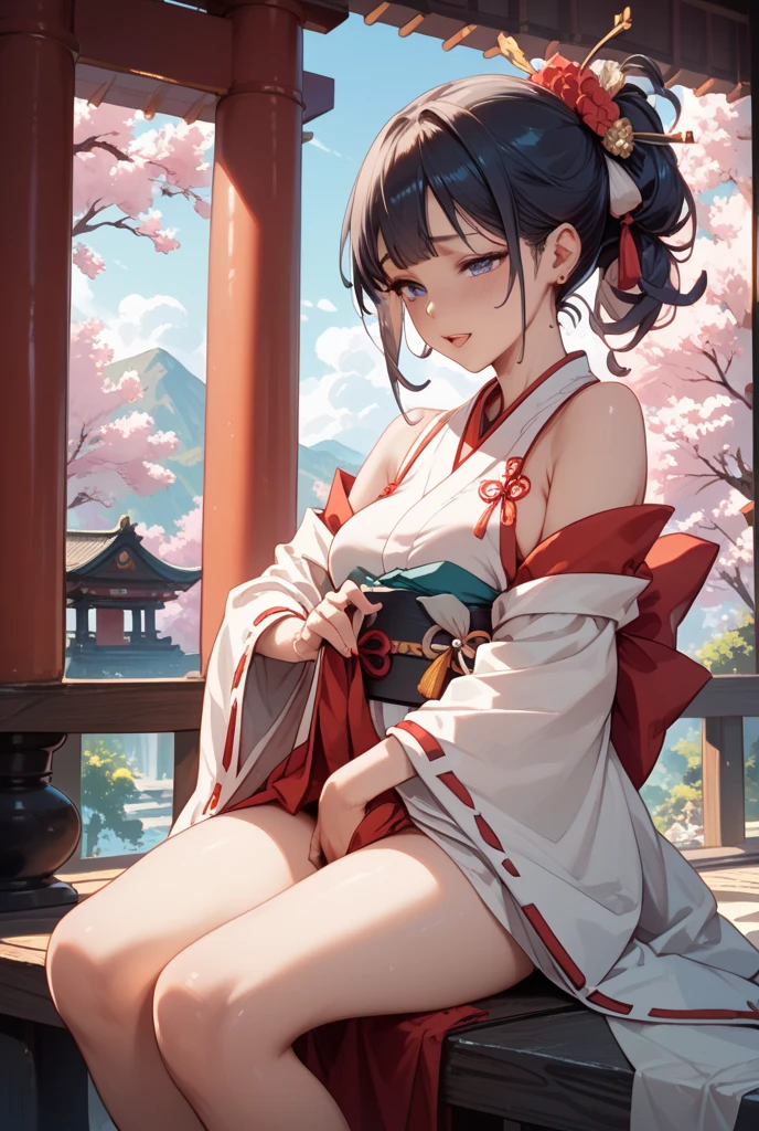 masutepiece, ultra-quality, Super Detail, Perfect drawing, beautiful girl in loincloth, Japan outfit, (((Sleep with your eyes closed))), Vigorous sleeping phase、Big ass, Samurai, in yukata, Black ponytail, Hair tied up with a large red ribbon,blush (0.2), The wind is beautiful,Elegance, Beautiful background, Accurate drawing, detailed drawing