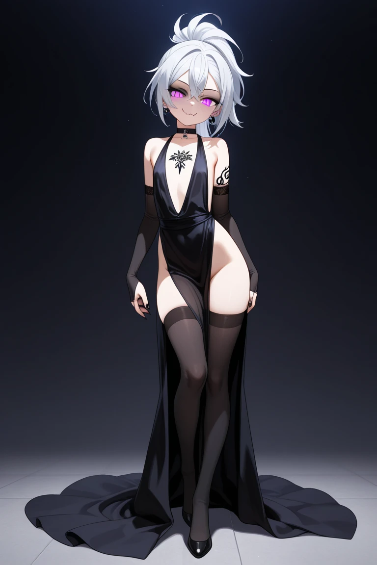 A supermodel parading down a Paris catwalk. She wears a groundbreaking and avant-garde look. The catwalk is spectacularly illuminated. She faces the camera with a firm and decisive step and smiles sweetly.