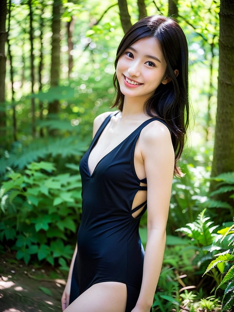 (dense forest: 1), the fine morning, 1 woman, Skinny Japanese woman, {30|40} years old, (detailed facial features), light brown eyes, detailed eyes, small breasts, very thin waist, ((correct anatomy)), black clothing, (Photorealistic), (Complex Detail: 1.2), (masterpiece, :1.3), (highest quality: 1.4), (Ultra High Resolution: 1.2), Strong sunlight, 8K, (Lens Flare: 0.7), turned around, Feminine pose, full body, Tight waistline