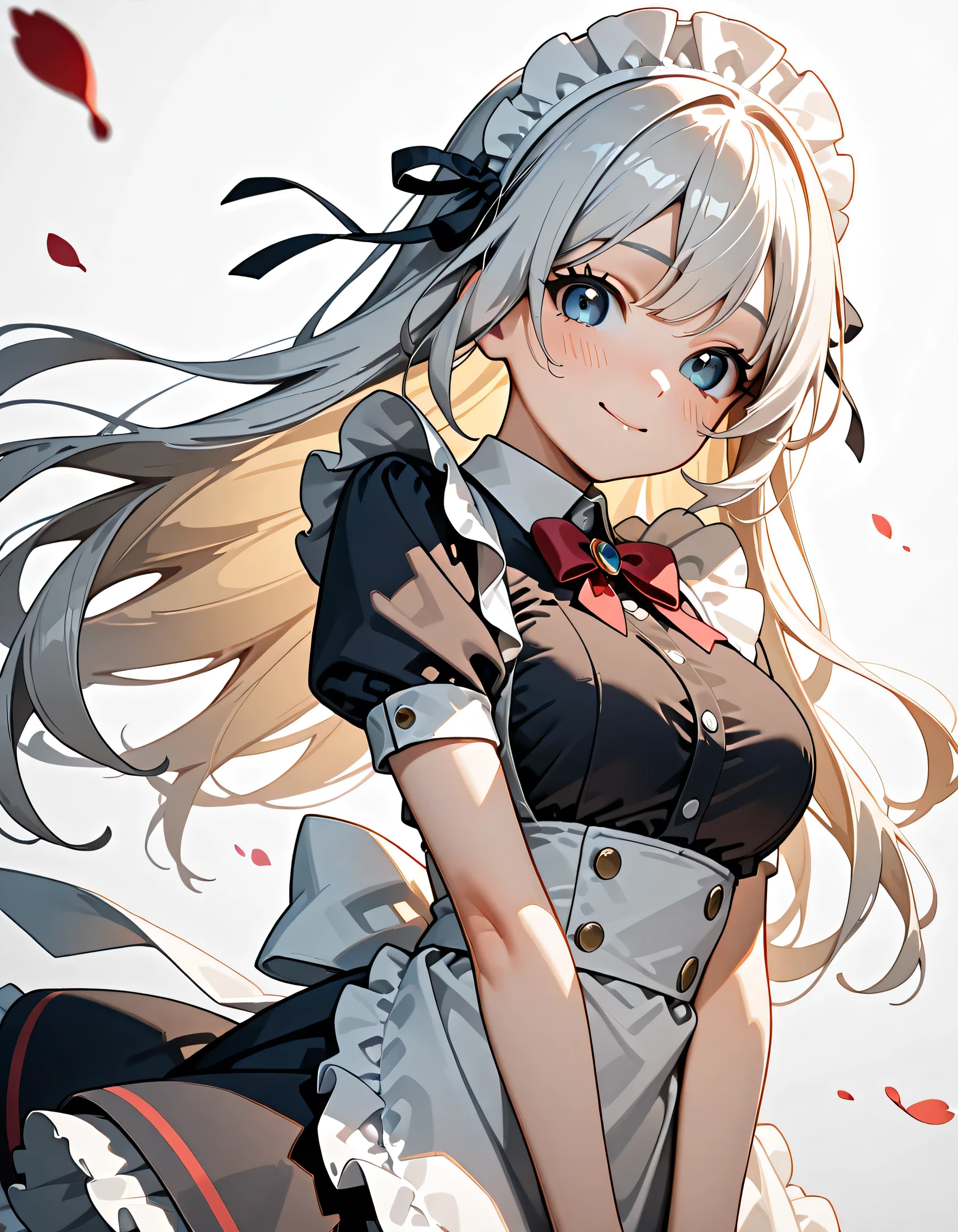 (score_9, score_8_up, score_7_up), source_Anime, absurd_res, white, purple, black, 1girl, solo, upper body, super fine illustration, an extremely delicate and beautiful, best quality, masterpiece, 8K, maid cafe setting, gentle breeze, long silver hair:1.3, half updo:1.2, blue eyes, hair ribbon with black, ample breasts, blouse with a round collar:1.3, flared skirt with purple, ultra-beautiful girl, fluttering hair, blushing faces, smile:1.2, embarrassed reaction, looking viewers, dynamic pose, contrapposto pose, soft fabric movement, fluttering petals, warm and bright atmosphere, soft lighting, delicate color palette, detailed clothing folds, flowing hair, lively maid cafe vibe, highly detailed rendering, breathtaking composition,