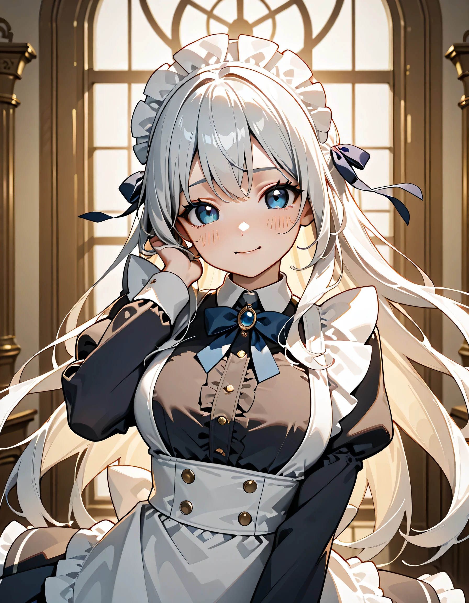 (score_9, score_8_up, score_7_up), source_Anime, absurd_res, white, purple, black, 1girl, solo, upper body, super fine illustration, an extremely delicate and beautiful, best quality, masterpiece, 8K, maid cafe setting, gentle breeze, long silver hair:1.3, half updo:1.2, blue eyes, hair ribbon with black, ample breasts, blouse with a round collar:1.3, flared skirt with purple, ultra-beautiful girl, fluttering hair, blushing faces, smile:1.2, embarrassed reaction, looking viewers, dynamic pose, contrapposto pose, soft fabric movement, fluttering petals, warm and bright atmosphere, soft lighting, delicate color palette, detailed clothing folds, flowing hair, lively maid cafe vibe, highly detailed rendering, breathtaking composition,