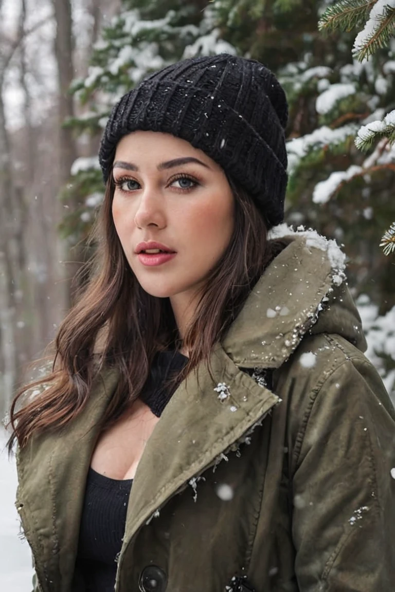 realistic body shot photo of a american woman in front of the camera wearing a tight winter clothes. winter. Snow. Dark night. cold. glamour photoshoot, beautiful face, perfect anatomy, fit girl, looking into the camera, strong hip:1.2, wide hip:1.3, 25 yo woman. (Eye makeup:1.1), (highly detailed skin:1.1), RAW, analog style, sharp focus, 8k UHD, DSLR, high quality, Fujifilm XT3, grain, award winning, masterpiece.