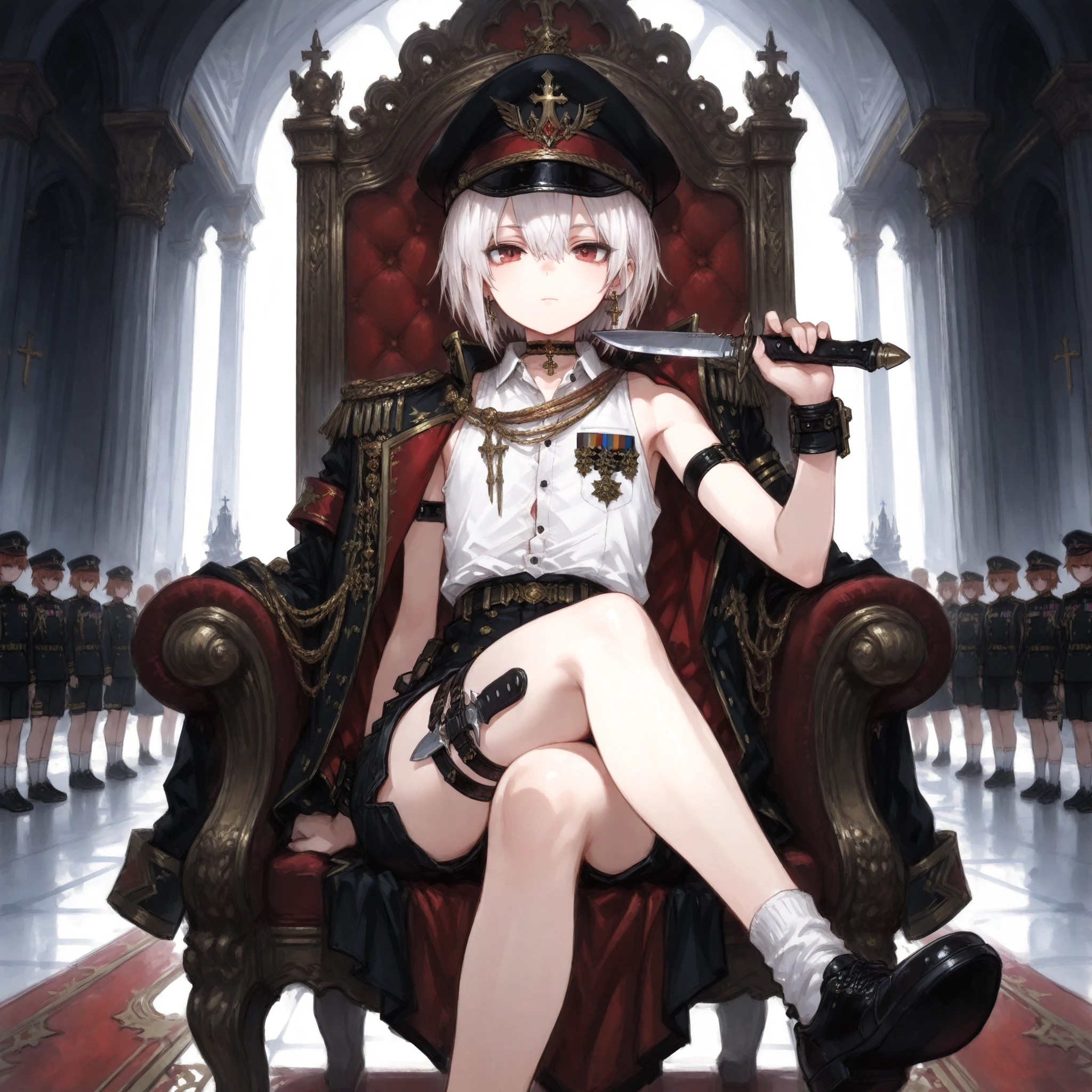 ((Best quality)), ((masterpieces)), (detailed), Perfect Face, SOLO, ((femboy)), tomgirl, ANIME, beautiful detailed eyes, BOB hair, BOBed hair, white hair, RED EYES, BARE thighs, (((BARE LEG))), ((BLACK short pants)), (((dress shirt))), ((Flat chest)), Choker, (knife thigh strap), (Black General's Uniform), uniform hat, ((general uniform top)), ((sleeveless)), arm straps, general's uniform top draped over the shoulders, expressionless, tight short black shorts, ((Holding fantasy knife)), earring, Royal palace, GREAT HALL, red throne, cross legs, Black shoes and white socks, ,wrist guard