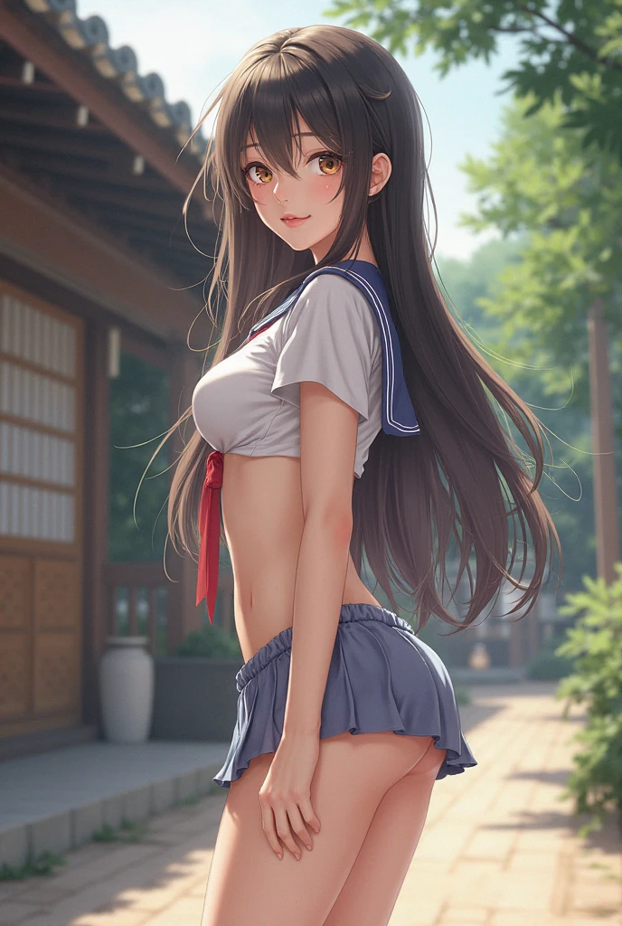 one-girl, loli, cute , small breasts, long hair, thin leg, mess up hair with hands, middle School girls, exposing your navel