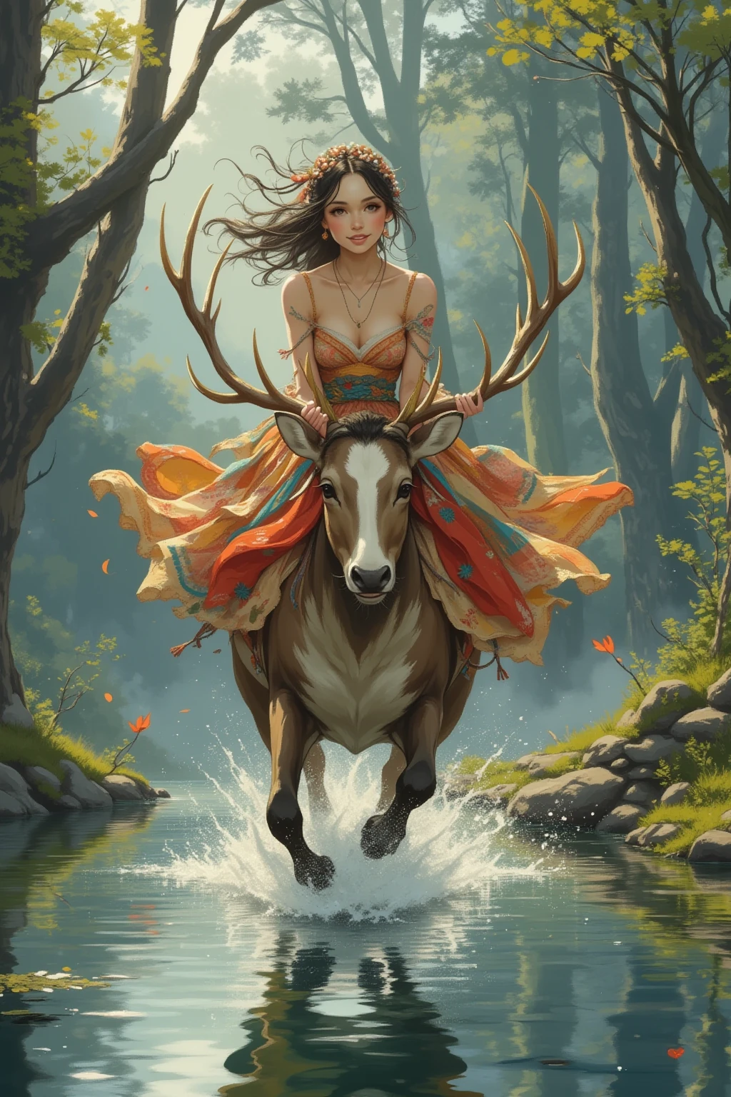 Deer Rider Forest background with a beautiful lake, riding a beautiful horned deer ...