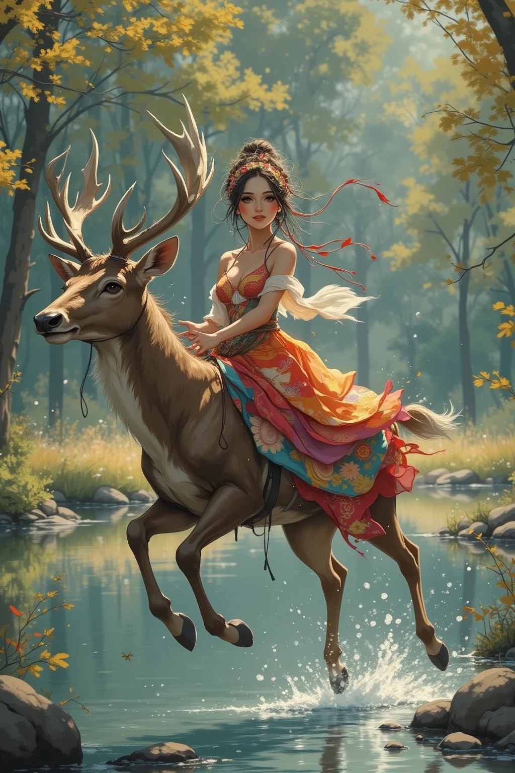 Deer Rider Forest background with a beautiful lake, riding a beautiful horned deer ...