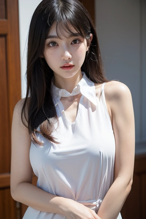 masterpiece, 1 beautiful girl, detailed eyes, puffy eyes, best quality, ultra high definition, (reality: 1.4), original photo, 1girl, cinematic lighting, Japan, asian beauty, korean, super beautiful, beautiful skin, slender, body facing front, (ultra-realistic), (high resolution), (8K), (very detailed), (best illustration), (beautifully detailed eyes), (ultra detailed) , detailed face, looking at the viewer, facing straight ahead, neat clothes, sleeveless, short hair, black hair, 46 points diagonal bangs, room based on white background tone, neat atmosphere,