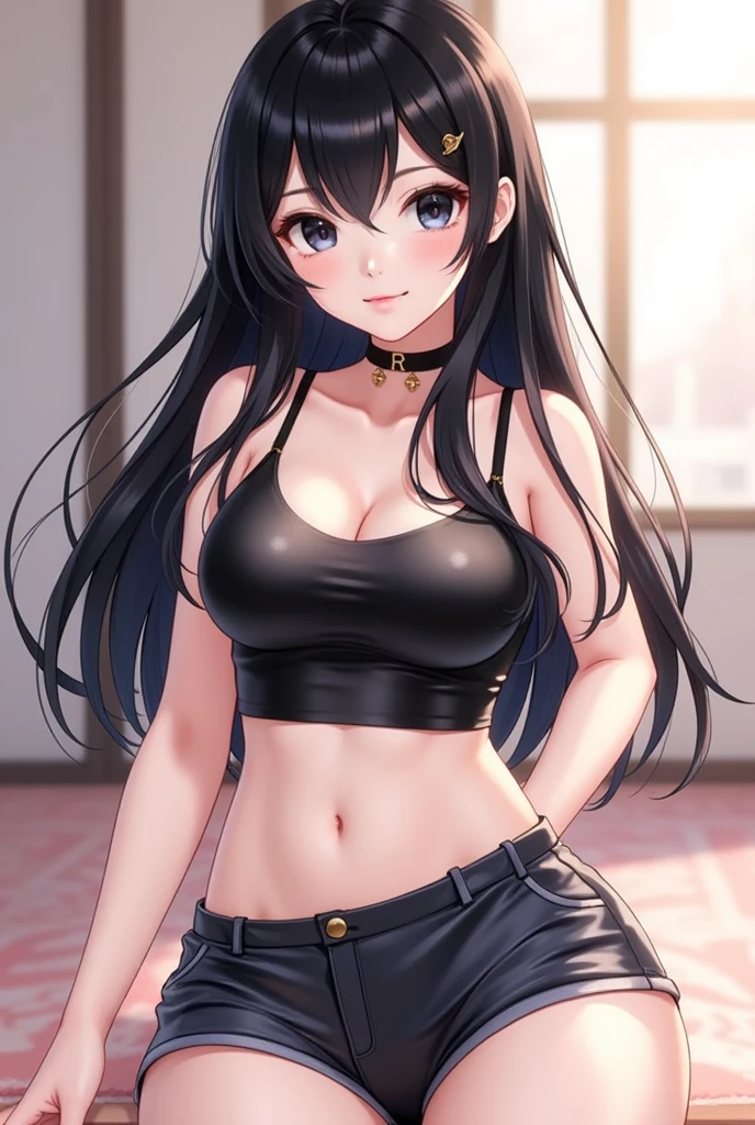 1girl, long hair, breasts, looking at viewer, blush, bangs, large breasts, black hair, navel, animal ears, cleavage, bare shoulders, medium breasts, closed mouth, standing, collarbone, tail, yellow eyes, thighs, shorts, solo focus, midriff, cat ears, collar, cat tail, animal ear fluff, bare arms, short shorts, thigh gap, cat girl, neck bell, camisole, strokes the head, red shorts, red collar, belt collar, t-shirt with the inscription "milf"