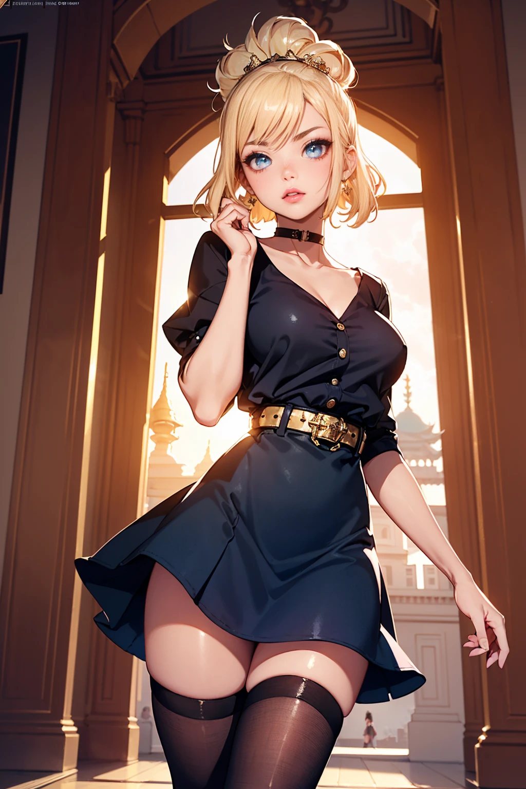 ((masterpiece, best quality;1.3)), ultra detailed, detailed background, 1 girl, teenage, short blonde hair, blonde hair, medium hair, bob hair, black eyes, little black dress, black strapless dress, tube dress, bodycon dress, skin-tight dress, choker, smile, bedroom background, sitting pose.