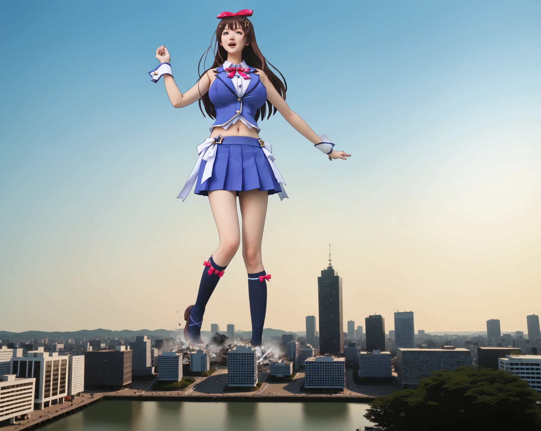 And sky , one girl on a day off, score_9, score_8_up, score_7_up, My hair, has a scoundrel expression「 And sky 」, 茶色いMy hair,, long My hair , star-shaped My hair accessory , My hair bow , blue eyes , blue vest , sleeveless shirt , red ribbon , belly button , pmaru as wrist cuffs , blue skirt , blue thigh high socks , Thigh ribbon , Waist Cape ,Big breasts,hand,City buildings in the background, hand前の建物, Miniature metropolis, girl taller than the building, City buildings in the backgroundがある, たくさんの壊れた建物のHUGE SHOT, Giant Art、height is surreal and highly detailed giant shot、girl taller than the building、the ground underfoot is cracked。162 kilos tall,,Destruction,Wet, water,walk, let's smash a proposal、HUGE SHOT、hand前の建物、 the ruined city、rubles, Giant Art、very surreal and very detailed、girl taller than the building、the ground underfoot is cracked細かいrubles, shows a big girl,evening 。blue sky,Girl standing breaking through a building,A very small port town,とても小さな漁船がwater面に浮かんでいる,A woman collapsed into a building,solo,one woman,Woman destroying the city,Sky when falling down on a building