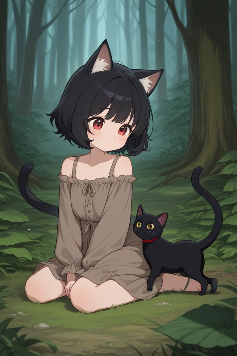 masterpiece, best quality, ultra detailed, highres, extremely detailed CG unity 8k wallpaper, perfect lighting, 1girl, very detailed background, beautiful and aesthetic,fantasy illustration, solo focus,
1girl, medium hair,  brown hair,  cat girl,  cat tails, (slit pupils:1.1), green eyes, dress,
sunset, outdoors, in deep forest, chibi, flat chest, grin, open mouth, naughty, from above,