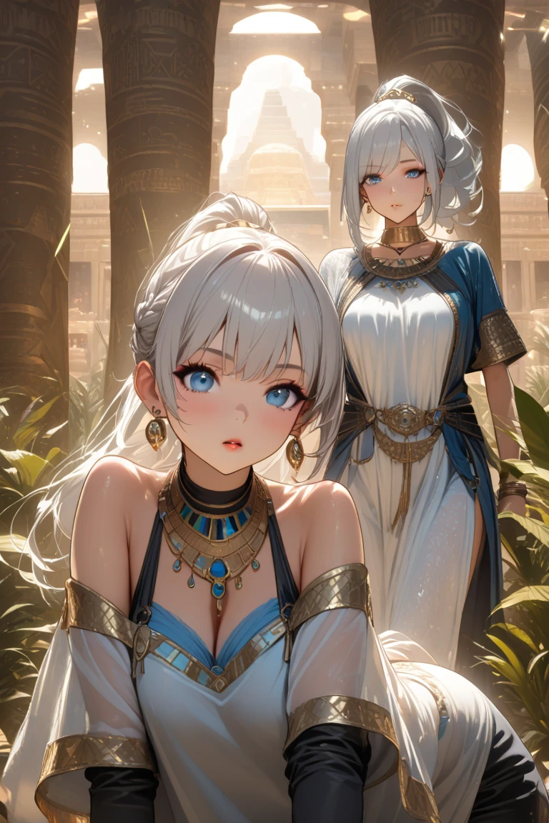 whiTening gray hair long hair blue eyes smile Tiara green egypTian cosTume beauTy sexy big breasTs maTure whole MysTerious charm charm-like i don't'T'I do noT Think so. pyramid valley key beauTiful breasTs cover your mouTh forTune Teller holding TaroT cards in hand egypTian ankh Inside the pyramid palace 1 person