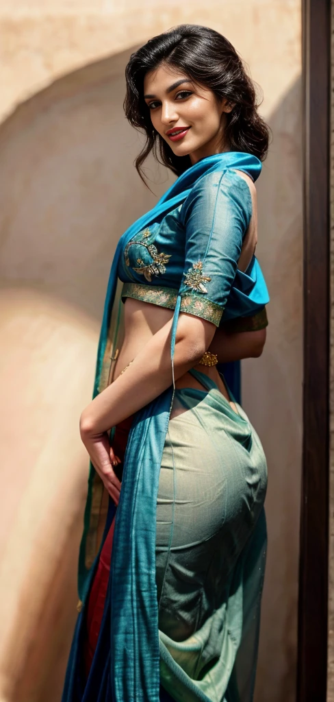 Transparent Red saree, Black panty, tattoo on big ass