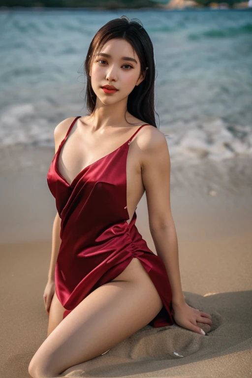 highest quality,masterpiece,ultra high resolution,(actual:1.4),original photo,ultra high resolution,8K,there is a woman,Fair skin,exquisite makeup,big waves of red lips,red dress,high heels,long legs,bright and beautiful