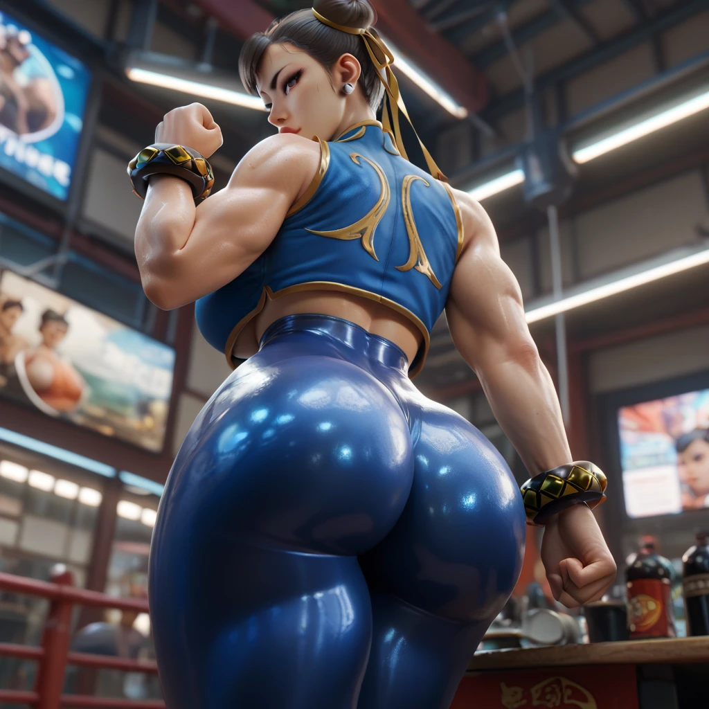 (master piece: 1.1), 1girl, anime, (sf6 chun), double bun hair, (master piece: 1.1) 1girl, solo, 8k, ultrahd, 1girl, gym clothes, legging pants, blue pants, ((leggings, top tank)), (detailed back), (detailed brown eyes),  (arms in front of the body), handless, soft leggings, curvy body, gym enviroment, blur_background,