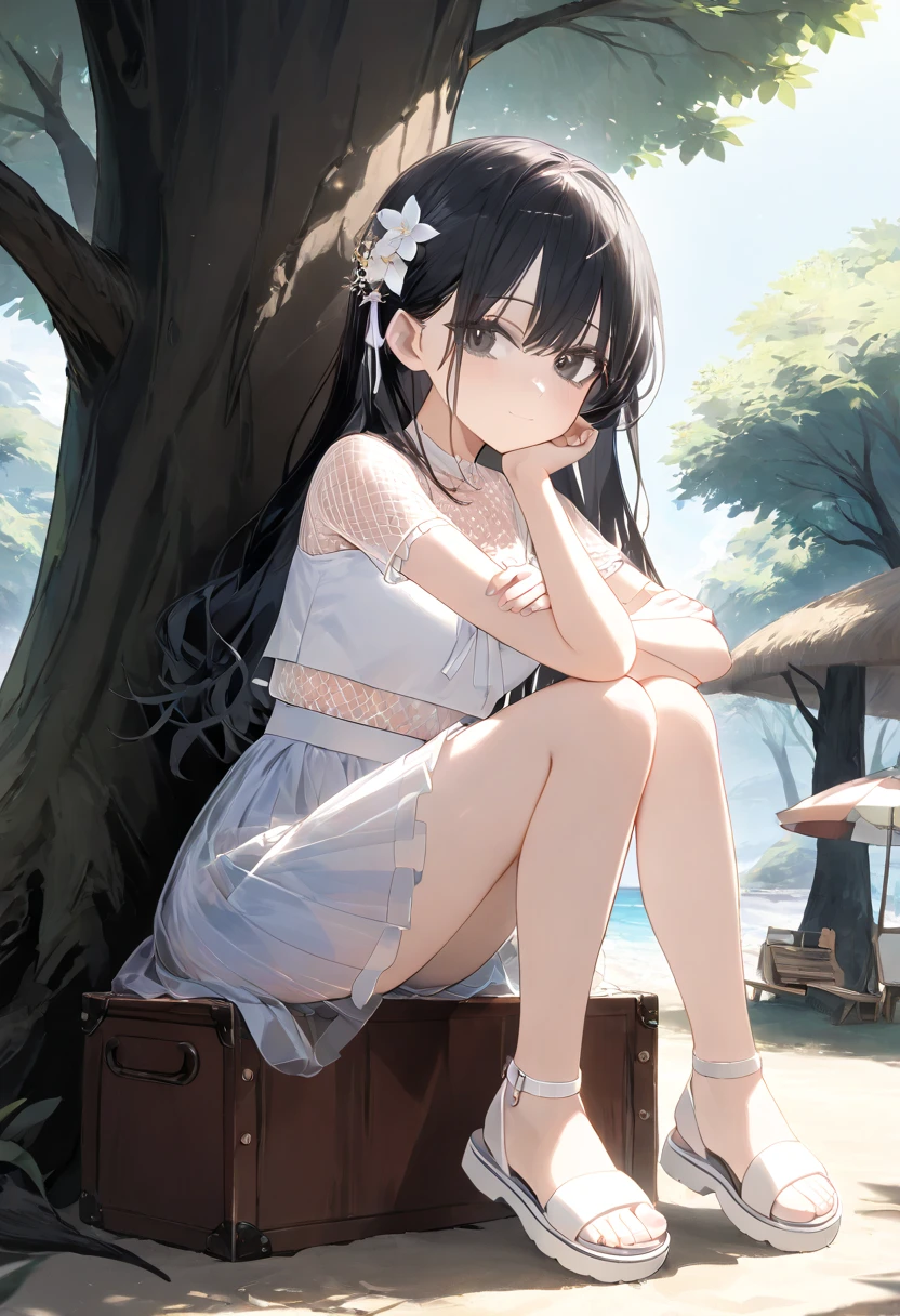 (child),highest quality,Beautiful face in every detail,cute,Dark brown eyes,(背の低いcute女の子,Small young student,Young delicate girl),(masterpiece,Top quality),Black Hair,Sleepy expression,Sleeveless,(White shorts),Crouching