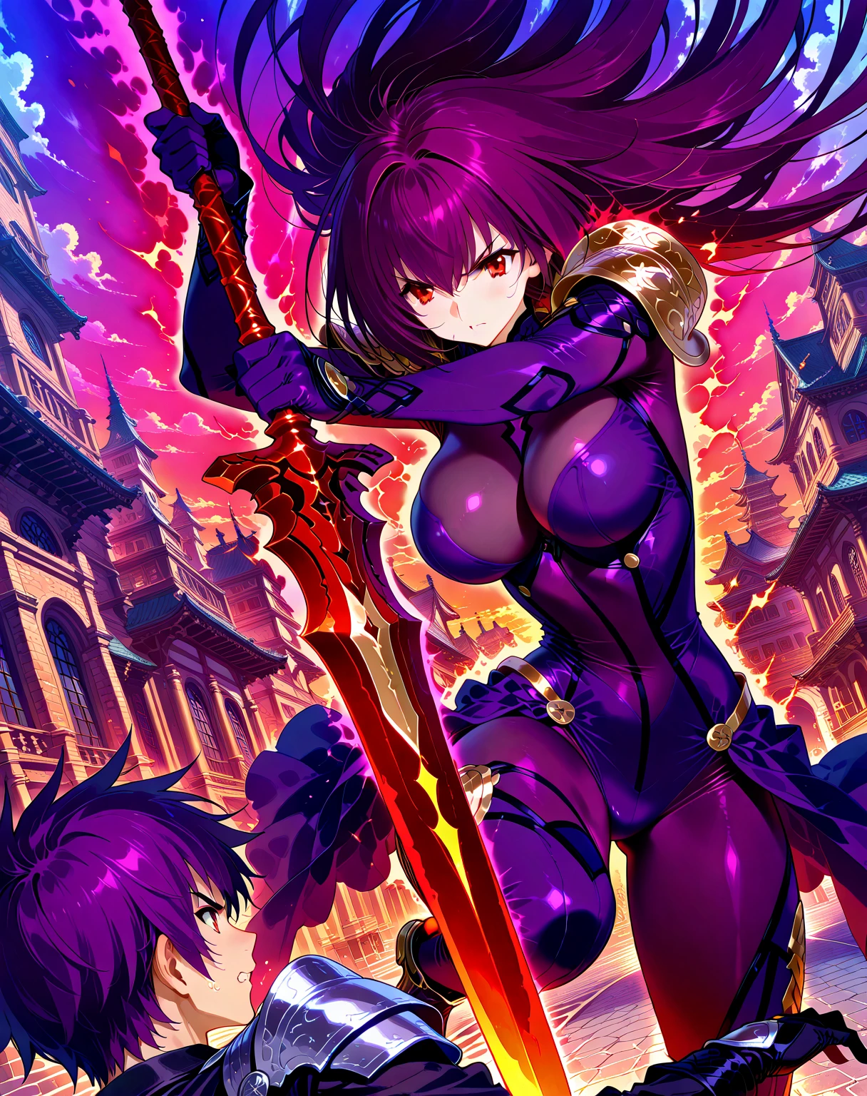 vampire queen, perfect body shape, small breast, battle skirt, (royal cape:1.1), main color is matte black, secondary color is purple, sexy and devil aura, original character, masterpieces, seducing purple pupil, (multi color high pony tail 1:1.2), walking under blood moon and middle of the destroyed city street, purple gem accessories, golden belt, golden necklace, windy and evil effect, soft moon light focus, corruption, extremely delicate and beautiful eyes, messy bang, unique crown
