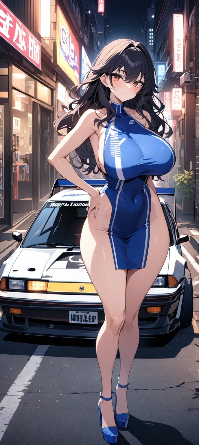 An SUV opens the passenger door,wide - angle shot,closeup cleavage,A black-haired, half-race beauty sticks out a foot from the co-pilot,Flowers filled the car,Flowers stretched from the outside of the car,Modern architectural background,Realistic painting style