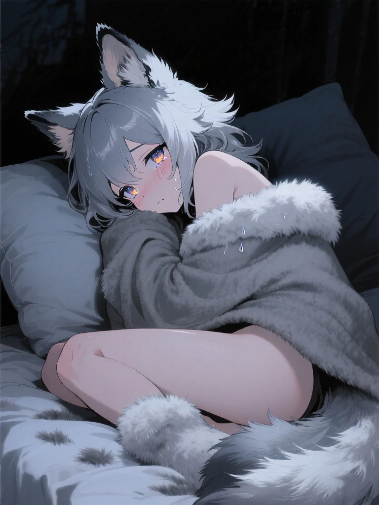 score_9,score_8_up,score_7_up, source_furry, a tall female wolf anthro, furry, gray snout, black nose, blue eyes, athletic body, spiked undercut platinum blonde hair, black lips, wolf tail, wolf ears, lying on a bed, sharp canine teeth, (view from side:1.5), top down ass up, raised ass, long hair, close up, grabbing sheets, face closeup, big ass, flushed face, (dark gray fur:1.3), raised tail, two tone fur, looking at viewer, SFW, wolf anthro face