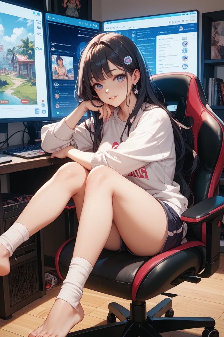 Girl long black hair blue eyes blush on face in PC gaming room Short pleated skirt long stockings cat hoodie great quality 8k very detailed image perfect anatomy full body nsfw