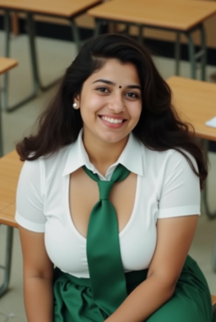 Indian School female teacher in school, teaching in black board, in pink kurta dress, sexy cleavage, hot thighs, cute woman, smiling towards camera, smooth lighting, camera photo, masterpiece, lonely class, hot school teacher in sexy kurta dress