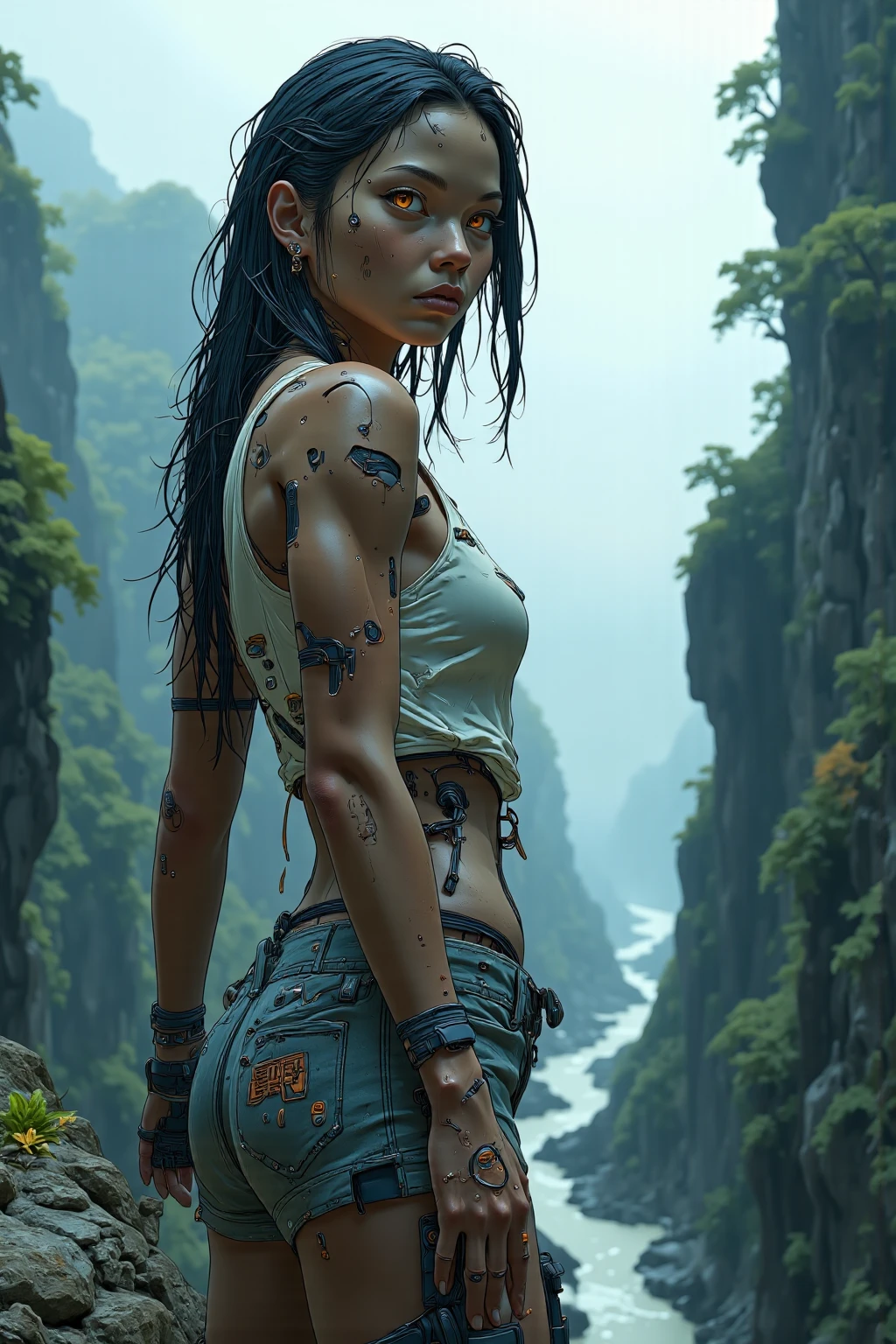 Retrato de uma garota 18 anos mexicana molhada cheia de tatuagens tribal,( behind her a large muscular alien monster), ((cabelo cacheado curto)) ,all wet with water, corpo molhado (( no banheiro em baixo do chuveiro)), seios grandes,cabelo azul molhado, body of water, Startled expression looking at the camera , vestido curto azul transparente, clima de tempestade chuvoso a noite,8k super realista