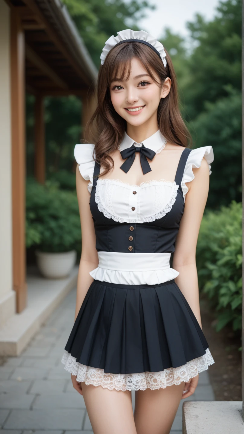 ((Real Photo Quality))、((masterpiece)), ((highest quality、Ultra high definition)), (Very detailed),8K、Photo quality、(((Amazingly cute girl))), 16-year-old girl, (Beautiful emerald blue eyes), (smile),Glossy lips、In the open-air bath overlooking the sea, Beautifully arranged black hair in twin tails、Lace fabric ribbon、whole body、((Super high-end white see-through summer gothic lolita maid costume、A super mini skirt with lots of frills))、Professional Lighting、(White lace knee-highore detailed and beautiful)、(More details and cutenesore realistic)、