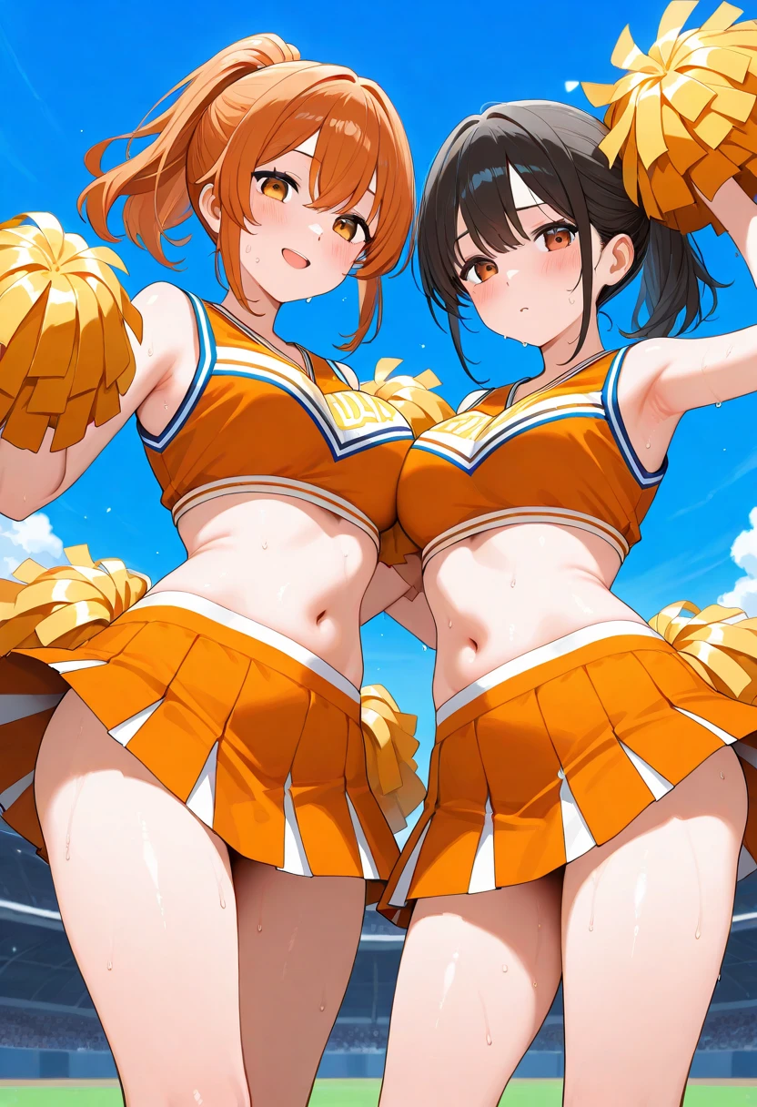 (8k, RAW photo, best quality, masterpiece:1.2),((3girls group, gigantic breasts,)) smile, cheerleader costume, ((cleavage,camel toe,upskirt,)) looking at viewer, cheerleading for me, cowboy shot,