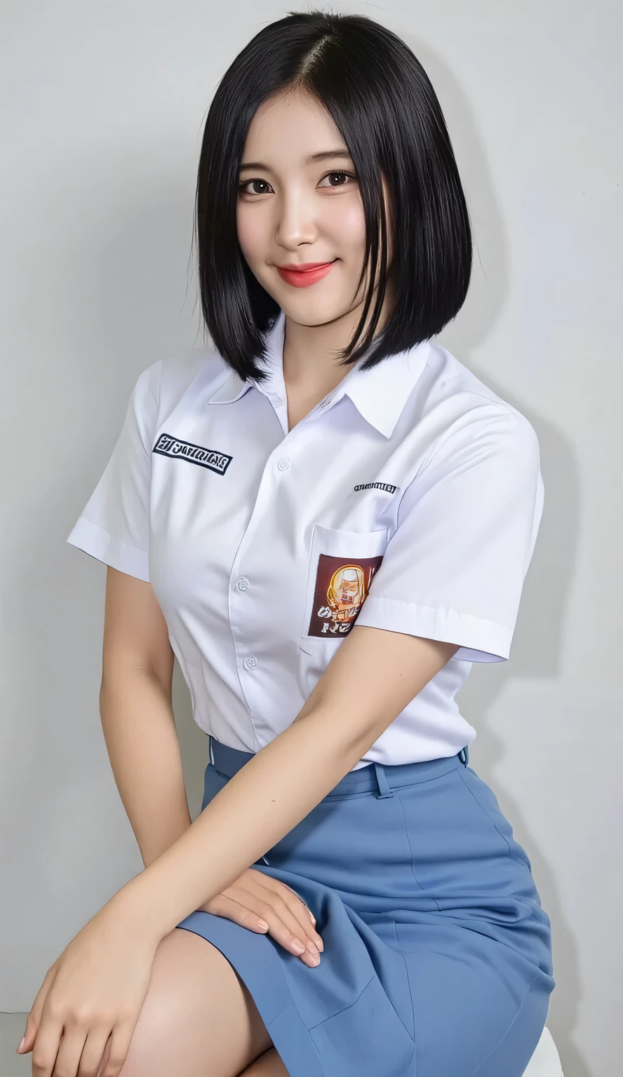Focus on vagina, RAW, Best quality, high resolution, masterpiece: 1.3), ((senior high school clothes)), white clothes, mini skirt, smile, sensual body, big breasts, spread legs sitting showing vagina, open legs showing vagina, porn, creamy vagina, squirting, dildo on vagina, on a top, , orgasm, highres, 4k, HDR, 1girl, realistic, big breasts, short wavy hair, ((sensual body, big brasts)) turning away facial at viewer, closeup, room school background.