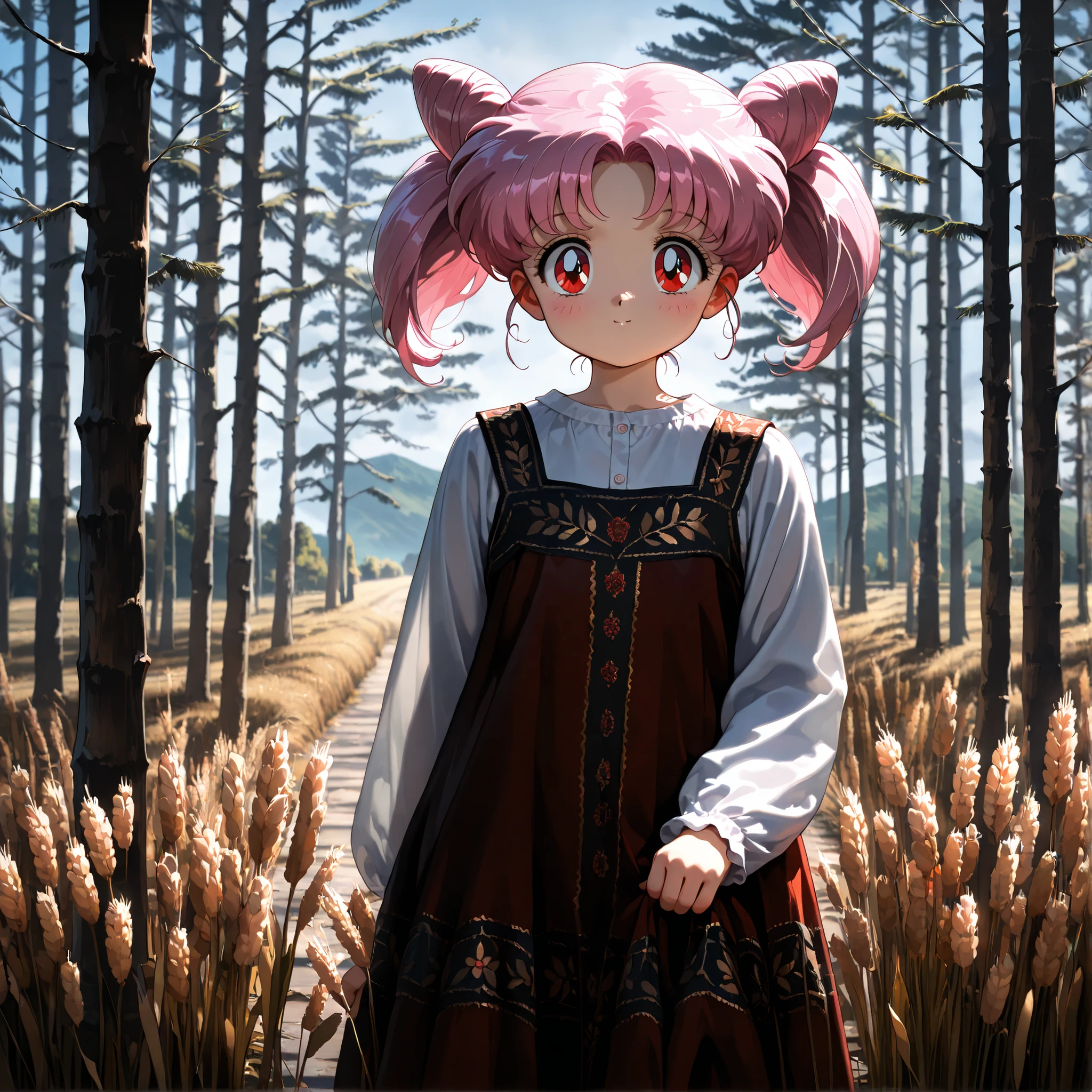 masterpiece, amazing quality, best quality, ultra-detailed, 8K, illustration, clear skin, ultra-detailed-eyes, soft skin, very awa, very as2, soft body, 1990s \(style\), official art, lil girl, aacusa, short hair, pink hair, cone hair bun, twintails, red eyes, sarafan with shirt, red dress, day, looking at viewer, around small wheat, in steppe road, birch tree, folk dress, embroidery, happy