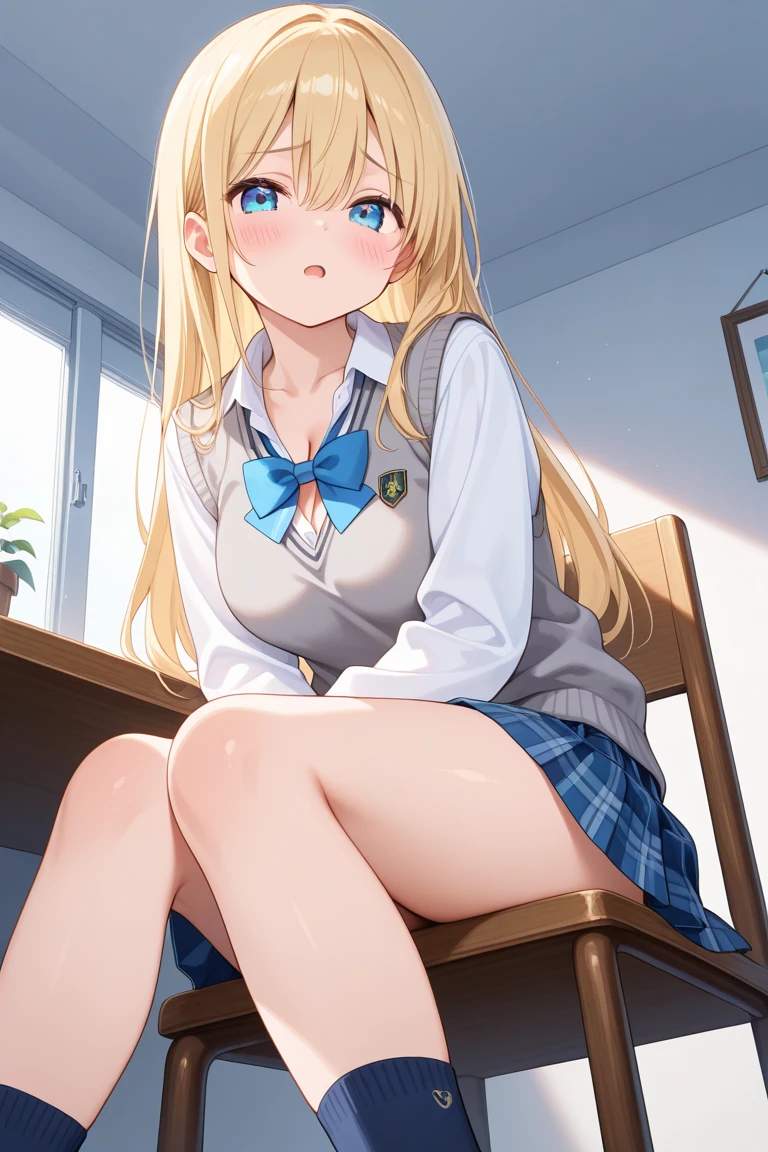 blonde anime girl. school girl outfit, perfect body., tsundere, magic academy