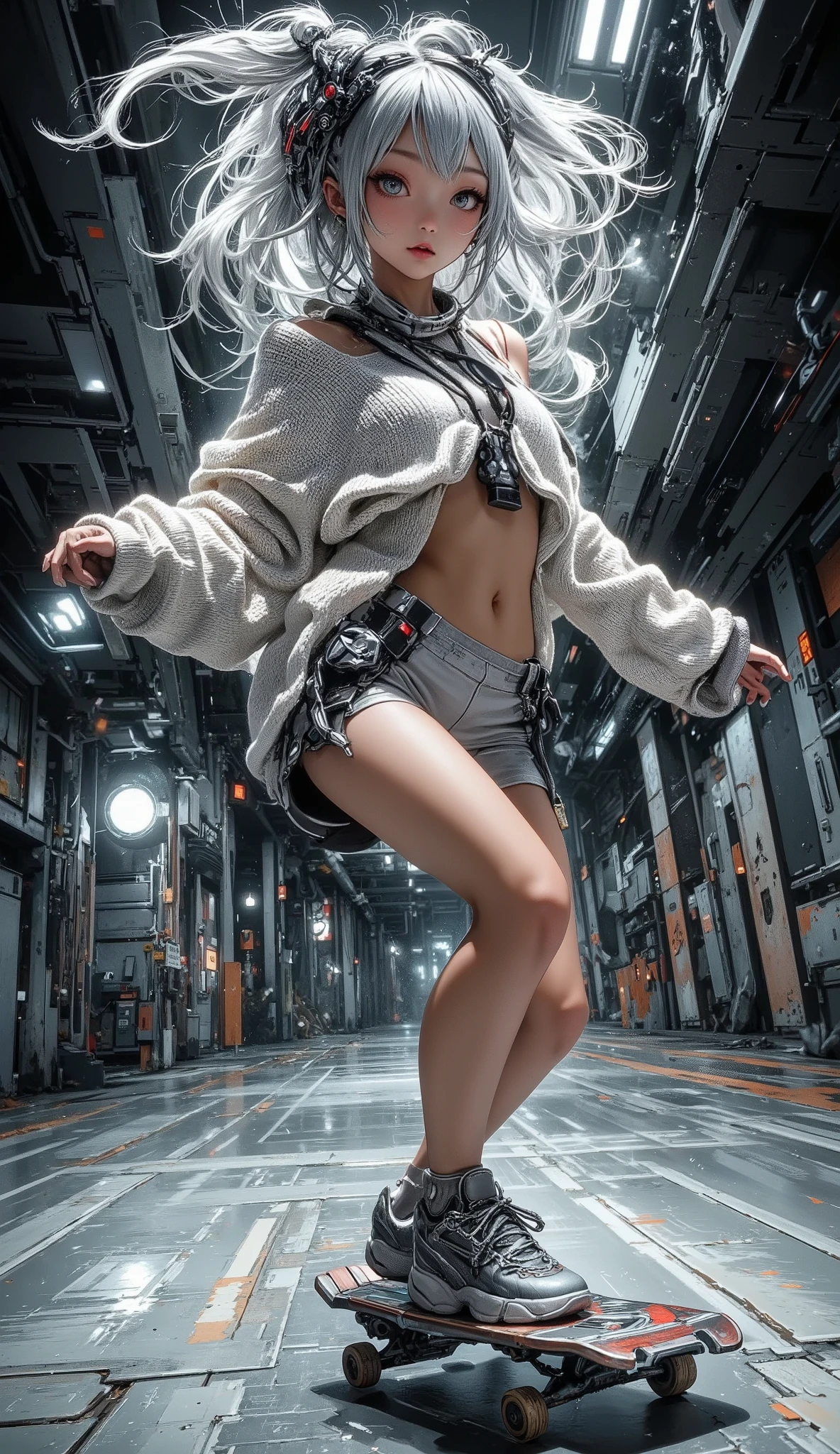A young Asian woman, about 20 years old, in a loose knitted sweater of snow-white color, demonstrating a relaxed athletic pose. Short light grey shorts with elegant designer inserts complement her outfit. Large in-ear headphones emphasize the futuristic aesthetic. Her expression is focused, determined, almost serene. Long, loose, light gray hair is gathered in a high ponytail, slightly fluttering in the wind. She performs a skateboard trick with her legs slightly raised and dynamically balancing on a skateboard in futuristic robot-style sneakers. The sneakers are a muted gray color, decorated with mechanical details and futuristic design elements. The studio is in semi-darkness, and the spectacular lighting scheme creates a sharp contrast between light and shadow, emphasizing the dynamism of the subject's actions and poses. The scene is shrouded in a hazy atmosphere, which slightly blurs the background, highlighting the subject. The lighting highlights the smoothness of the lines and curves of the body, while creating a light glow. The overall mood is energetic and futuristic, hinting at a combination of stylish athleticism and technological progress. Foreshortening is a dynamic low-angle shot that emphasizes the focus on action at the moment. The style is modern, with elements of photorealism and high energy of movement. Attention to detail. Wide dynamic range. Motion blur is very subtle.