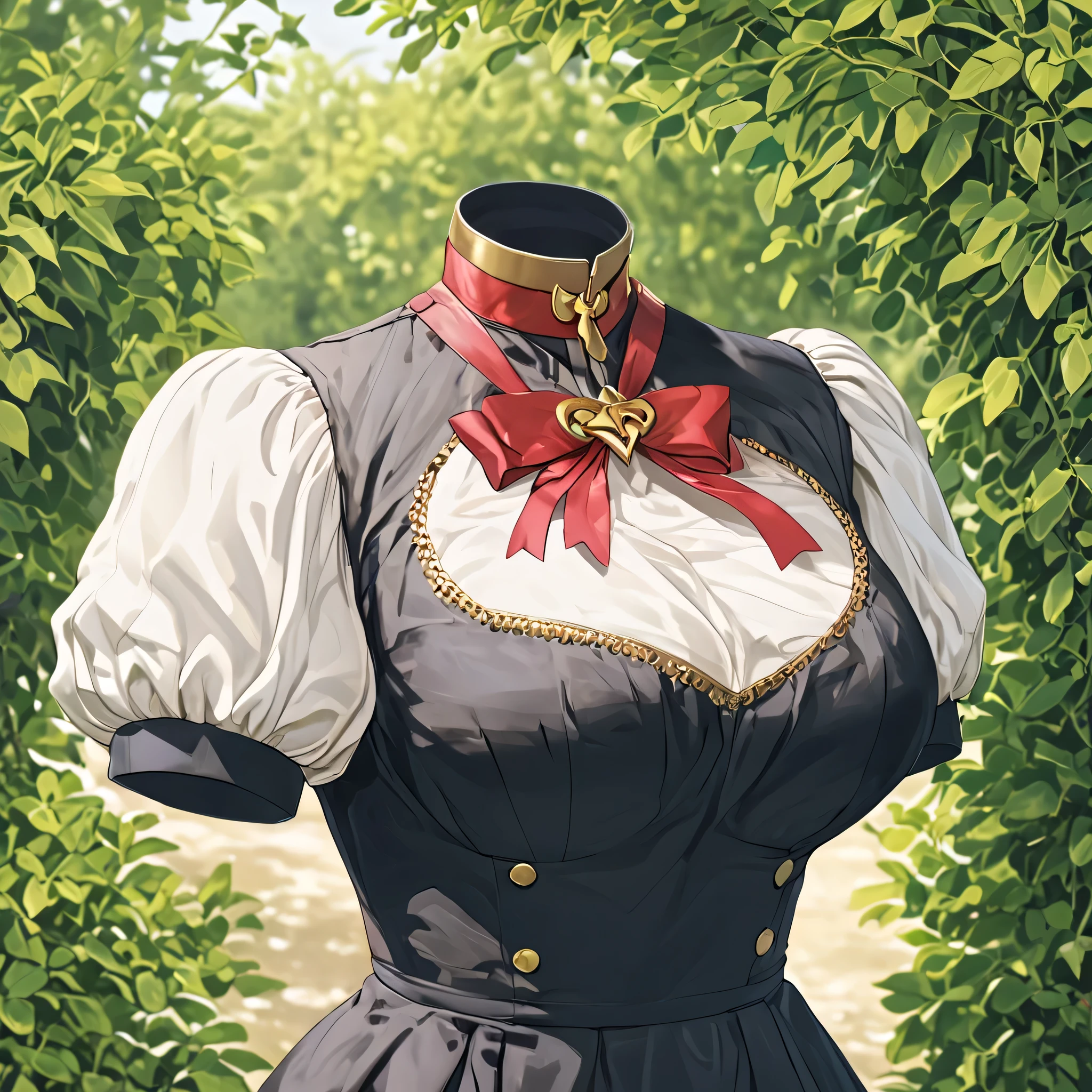 Hilda Valentine Goneril, white blouse, black skirt, Garreg Mach uniform, masterpiece, in garden, (invisible:1.5, no humans:1.5, headless:1.5, faceless:1.5), cute big huge breasts, detailed cloth texture, extremely details, close-up to breasts
