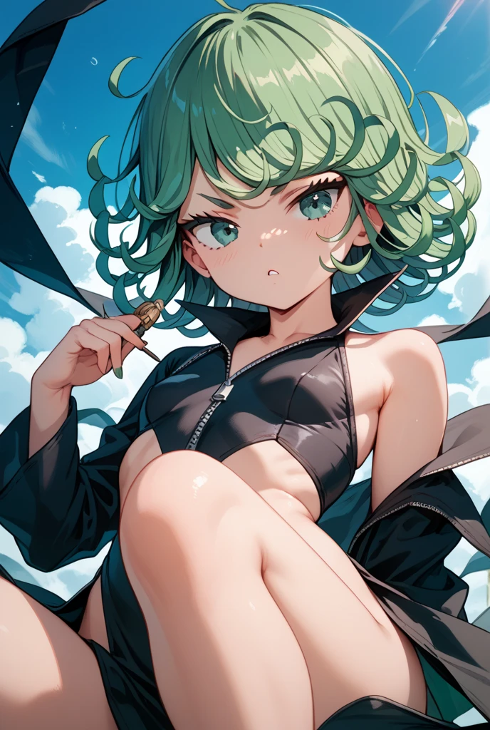 score_9, score_8_up, score_7_up, score_6_up, intricate details, detailed face, looking at viewer, 1girl, solo focus, slender female, sexy, tatsumaki, mini crop top, leather mini skirt, small breasts, hetero, blue sky