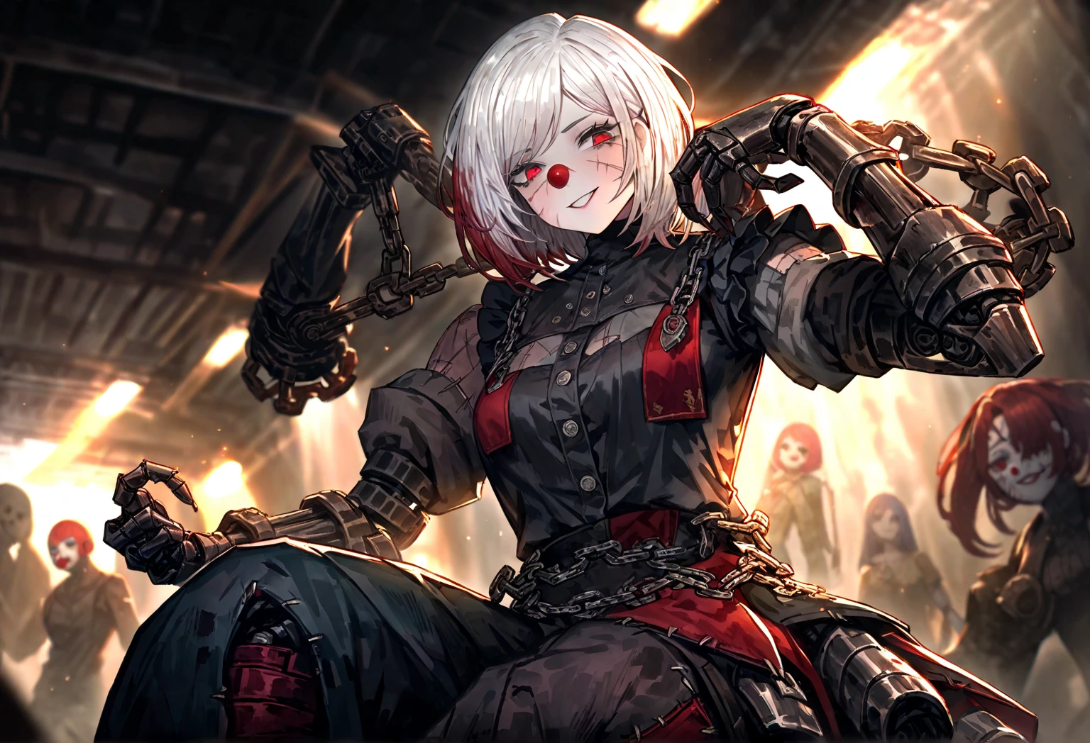 incredibly absurdres, smooth, 8k wallapaper, (shadows casted over face:1.3), dark room, shadow room, hard detailed shadows, (fantasy style clothing and background:1.3), upper body portrait and dynamic pose, dark pink eyes, (constricted pupils, crazy smile , crazy eyes), looking at viewer, staring at viewer, mature female character, 1girl, grey hair and blue (gradient hair:1.2), hair between eyes, short ponytail, blood splatter, armor, realistic armor,grinning, breastplate, <lora:crazyExpressions_crazyExpressions:1>