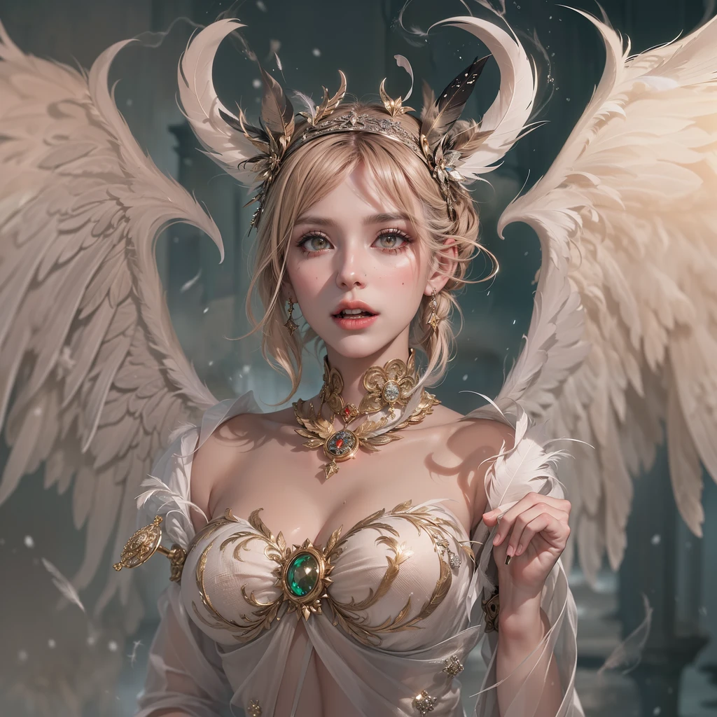tmasterpiece,best qualtiy,Beauty portrait,Intricate dresses,divino,Golden eyes,photorealisti,tmasterpiece,Archangel,angel wing,Silk dress,ventania,fanciful,From artstation,Glitter jewelry,glarelight,Irridescent color,globalillumination,Real hair movement,realistic raytraicing,realistic shaded,side looking,((ssee-through))、softlighting、Dreamlight、perfect eyes、Background 4K、𝓡𝓸𝓶𝓪𝓷𝓽𝓲𝓬、high detal、tiara crown、Gold and precious stones