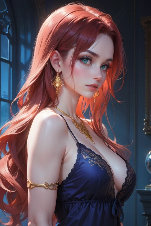 A redheaded girl with long hair, small breasts, and an exposed pose, 1girl, beautiful detailed eyes, beautiful detailed lips, extremely detailed face and hair, long eyelashes,  body, leaning forward pose, sensual, intimate, chiaroscuro lighting, dramatic shadows, warm color palette, cinematic composition, photorealistic, (best quality, 4k, 8k, highres, masterpiece:1.2), ultra-detailed, (realistic, photorealistic, photo-realistic:1.37), HDR, UHD, studio lighting, ultra-fine painting, sharp focus, physically-based rendering, extreme detail description, professional, vivid colors, bokeh