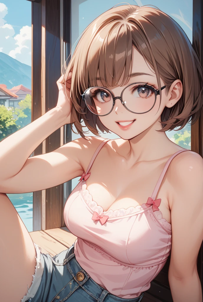 Comical movement、nichijo style、fun、smile、mischief、Expectations、surprise、Shyness、Ocean、blue sky、Daytime、pretty girl , Shooting from below, One Girl, Brown Hair、Very short hairstyle, Brown eyes、Red frame glasses、White Bikini,Highest quality, 4K, 8k, High resolution, masterpiece:1.2, Very detailed, Realistic, photoRealistic, photo-Realistic:1.37, High resolution, 超High resolution, Studio Lighting, Ultra-fine painting, Sharp focus, Physically Based Rendering, Very detailed説明, Professional, Vibrant colors, Bokeh