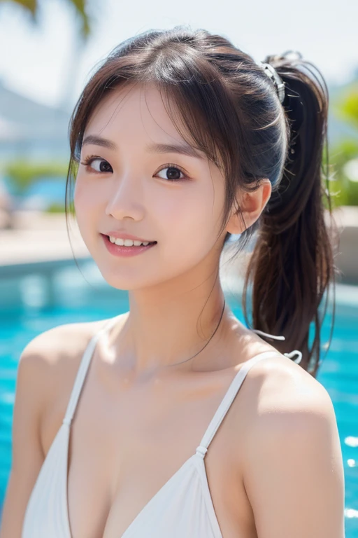 1 pretty girl,white skinned,brown hair,looking at viewer, beautiful medium chest, Russia, pony tail, happy smile, sports, stylish bikini lingerie, swimming, riding, pulling, dynamic, fairy, angel, joyful, sexy pose, kind, loving, ethereal, dancing, beach, coconut tree, boat