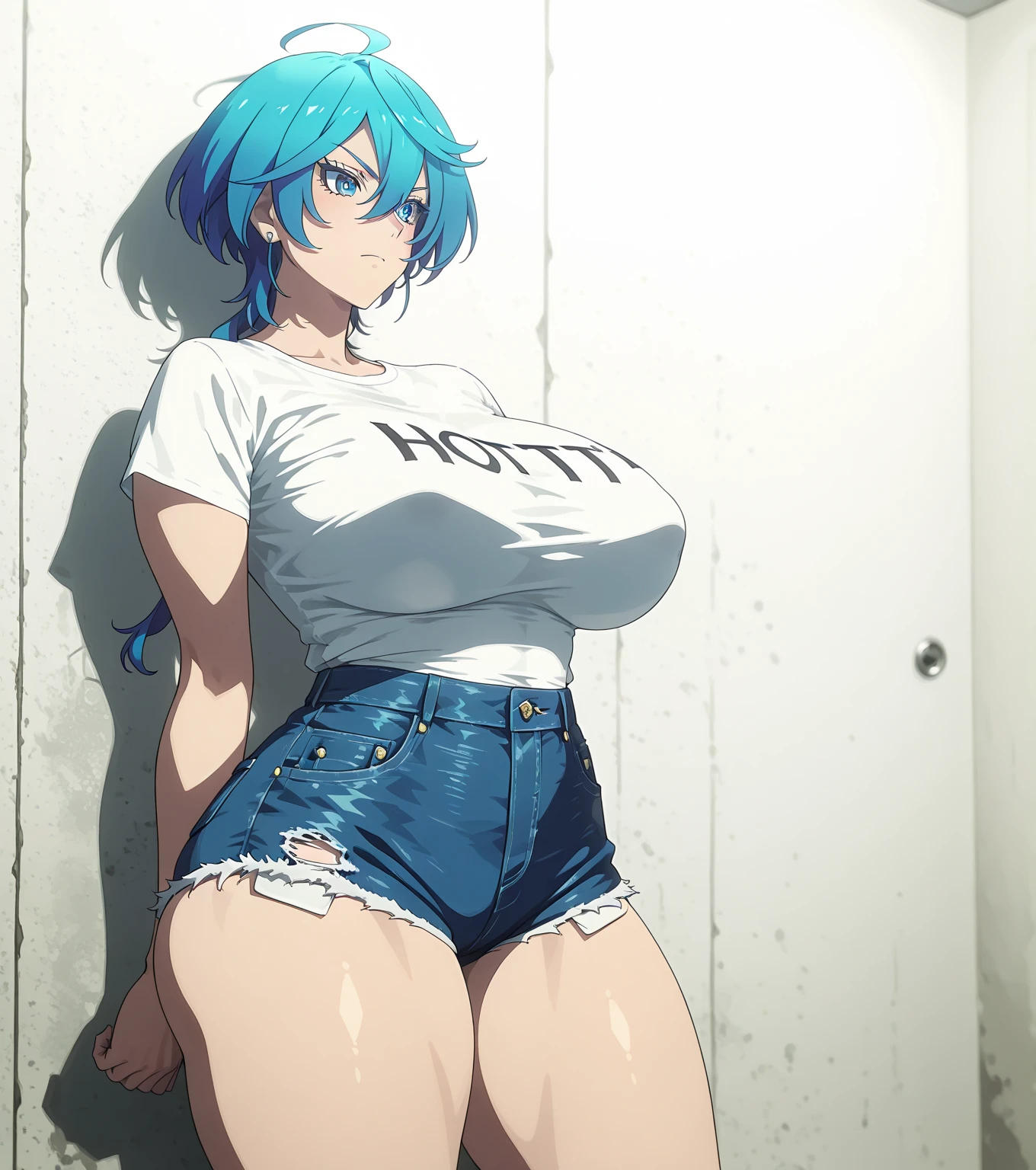 Highschool dxd, Xenovia, 1 girl, (((bimbo))), short blue hair, yellow eyes, puffy lips, painted lips, thick lips, cat ears, wide hips, thick thighs, huge ass, erotic Smile face, embarrassed, bubble butt, camel toe, Breasts, blue jeans, pink top, posing,