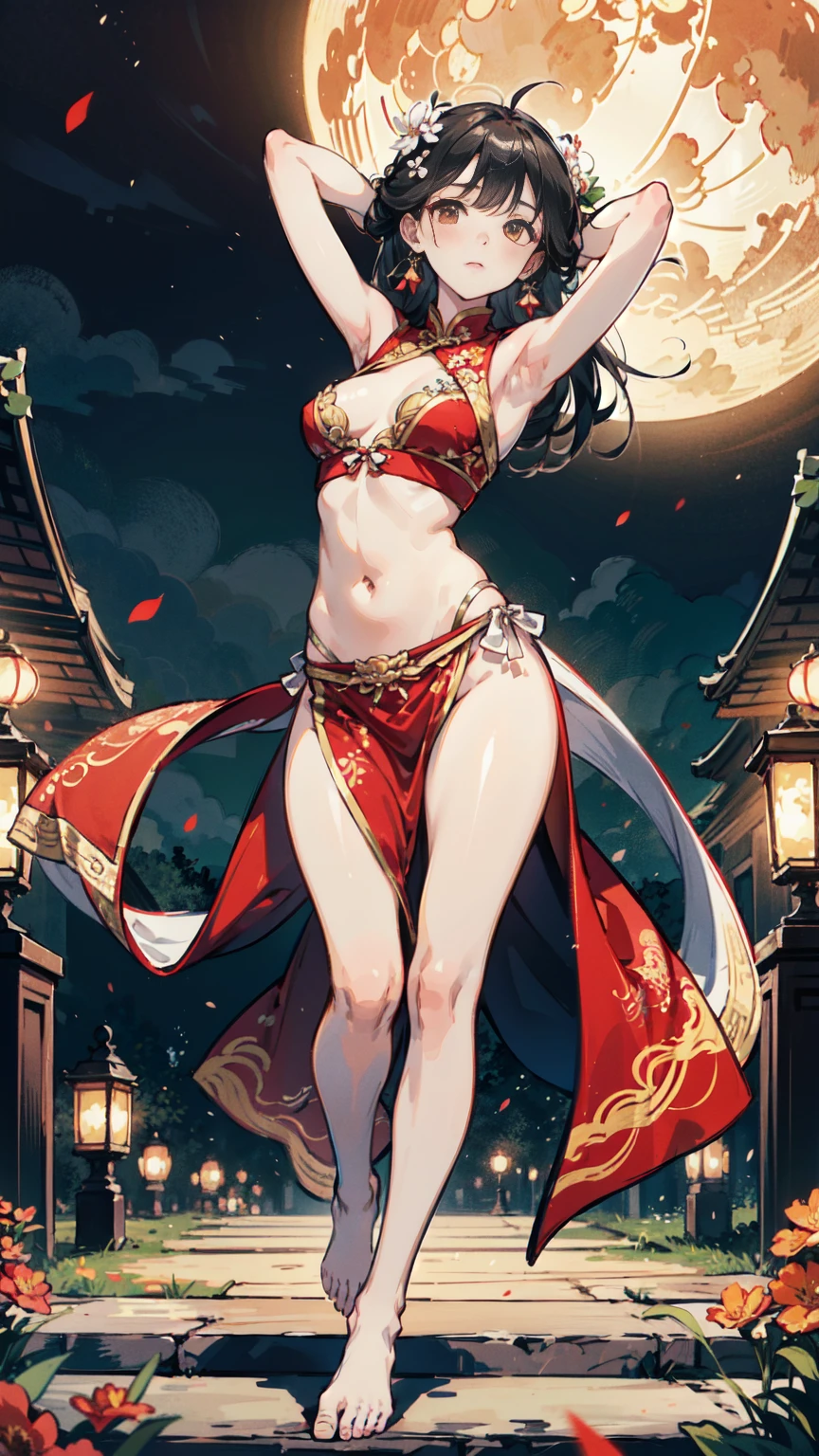 ((best quality)), ((masterpiece)), (detailed), young lady, medium breasts, standing straight, long ponytail, pink transparent sheer belly dancer clothes, sleeveless, , exposed midriff low neckline, no panty, strapless, standing in Chinese castle, heavy jewelry, classical painting style,