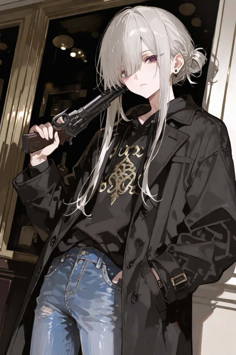 stern apathetic girl wearing black gangster-style clothes with jacket and jewelry lounging on couch with one gun to head, sitting and crossed legs, (one arm resting:1.4), grey hair, (mohawk, braided bun:1.3), gray eyes, eyeshadow, dark background, dark lighting, incredibly absurdres, 4k wallpaper
