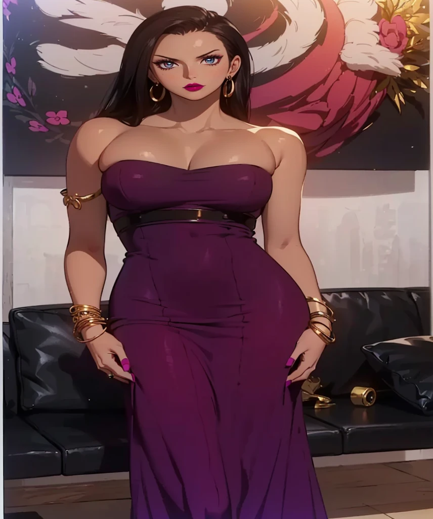 1girl, b4ckl3ssch41ns,underboob, (black dress:1.2), bare shoulders, strapless, tube top, body chains, long dress, full body, (hilda pokemon), brown hair, ponytail, large breasts, indoors, livingroom